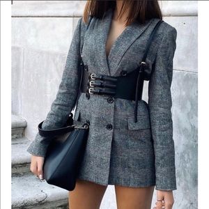 Zara Gray Plaid Double Breasted Blazer